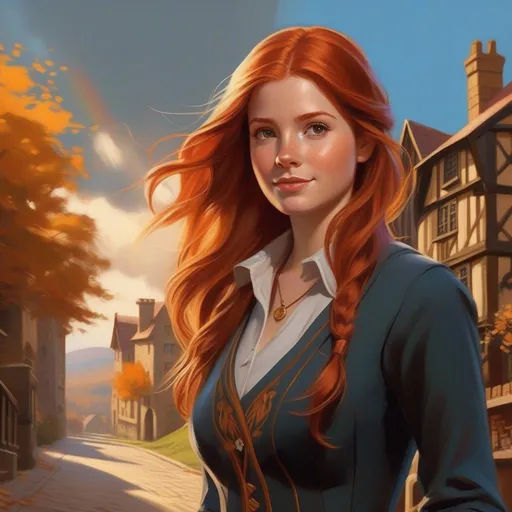 Prompt: ginny weasley as described in harry potter the book, third person, gameplay, silver atmosphere, cartoony style, extremely detailed painting by Greg Rutkowski and by Henry Justice Ford and by Steve Henderson 