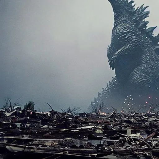 Prompt: godzilla in destroyed city fog