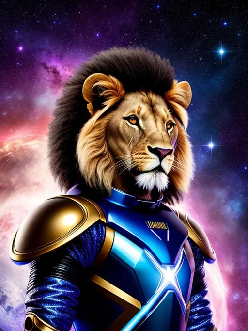 Prompt: Hyperdetailed portrait of a Lion character wearing futuristic star-forged niobium cobalt space suit, galaxy magic atmosphere