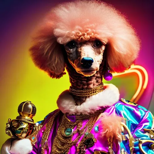 Prompt: poodle as a  rapper in pimp outfit, golden necklace in shape of a clock, neon color, fish eye view