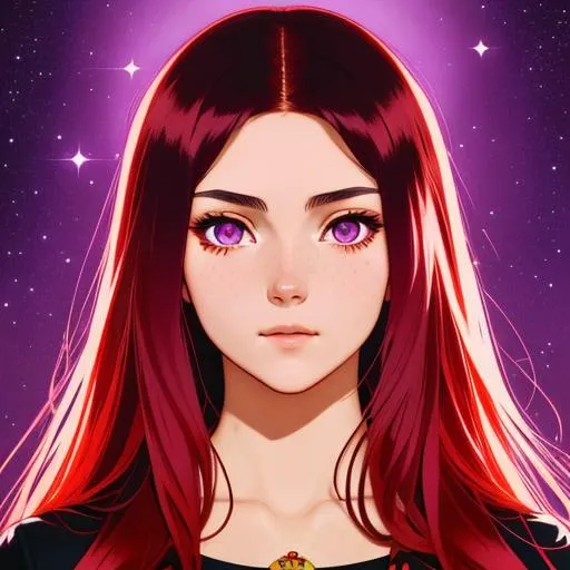 Prompt: Upper body portrait of an anime girl, 20 years old, red long hair, tan skin, Black and Red shirt, happy, purple eyes,intricate, detailed face. by Ilya Kuvshinov and Alphonse Mucha. Dreamy, sparkles