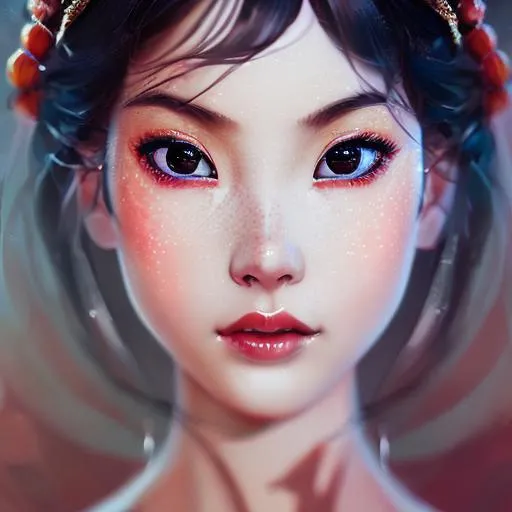 Prompt: Chinese, girl, geisha, black hair, painted face, traditional dress, 4k rendered, forest background, soft light, anime, bokeh