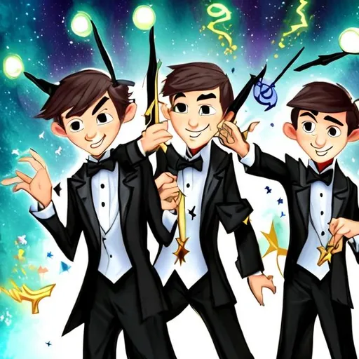 Prompt: Three 13-15 year old magic brothers in tuxedos casting magic spells together with there magic wands