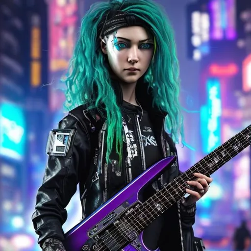 Prompt: hyper realistic extremely detailed cyberpunk guitarist woman.
She has green hair.
Guitar is black and purple