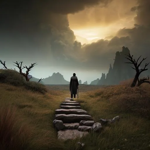 Prompt: Ancient Forest landscape, subject: lone man walking a path with his dog beside him, close to camera, looking at horizon in background, wearing a dark brown cloak, windy, undulating hills, grassy, rocky, river, there's a sunset on horizon but a bad storm cell rages ahead, octane render, unreal engine 5, blender render, 24mm lens, wide shot, light rays, bokeh, spotlights, cinematic lighting, 3d ray tracing, 