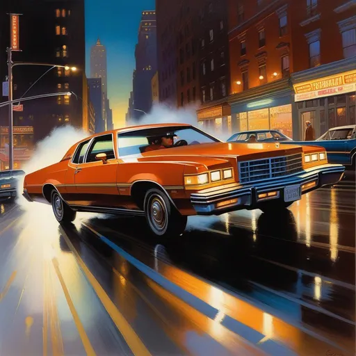 Prompt: Driver Parallel, car chase, late 70's, New York City at night, realistic, warm atmosphere, extremely detailed painting by Greg Rutkowski and by Henry Justice Ford and by Steve Henderson
