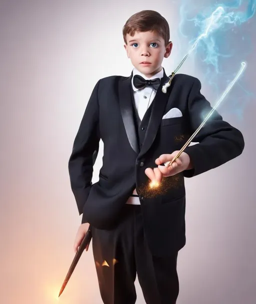 Prompt: Boy in a tuxedo casting a
Magic spell with his magic wand 