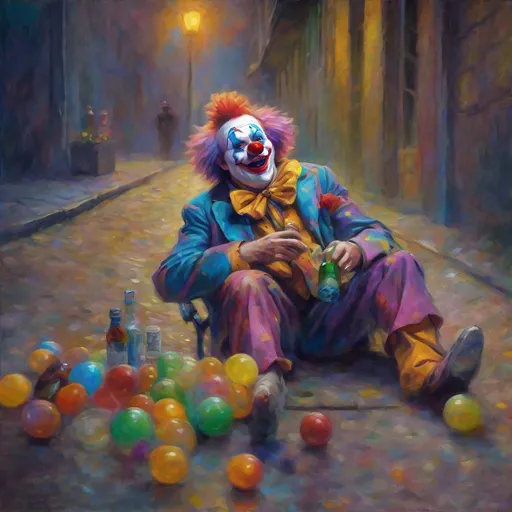 Prompt: Clown Boozin' BRUCE, drunk and disheveled clown staggering in the street at night with a booze bottle in his hand and hallucinating candy-colored animals, Masterpiece, Best Quality, in monet art style
