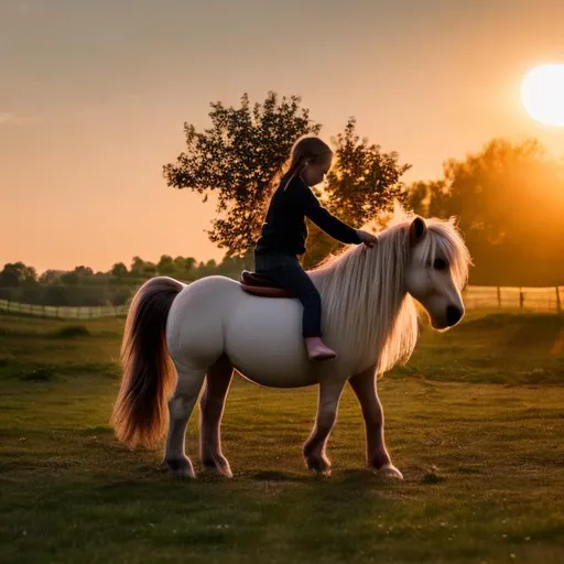 Prompt: Create a Photographie with a Pony Rides into the sunset