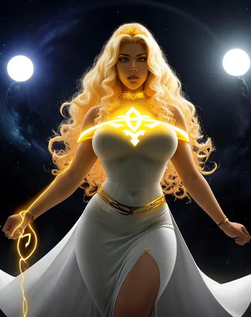 Prompt: A beautiful 15 ft tall 28 year old evil ((Latina)) light elemental queen giantess with light brown skin and a beautiful face. She has a strong body. She has curly yellow hair and yellow eyebrows. She wears a beautiful white dress with gold. She has brightly glowing yellow eyes and white pupils. She wears a gold tiara. She has a yellow aura around her. She is dual wielding two golden swords in battle against a giant space monster. Epic battle scene art. Full body art. {{{{high quality art}}}} ((goddess)). Illustration. Concept art. Symmetrical face. Digital. Perfectly drawn. A cool background. ((Full body view))