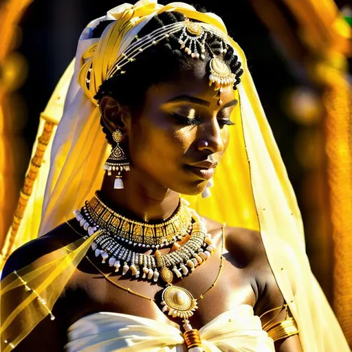 Prompt: (Hyperrealistic highly detailed wide shot photography of a tribal wedding ceremony)
Young, ebonian, beautiful, light traditional tribal clothes of translucent white silk, golden necklace, golden headband. In love, touching, moving, inspirationnal, poetic. Amazing scenery. Tribal. Early morning. Sunrise.