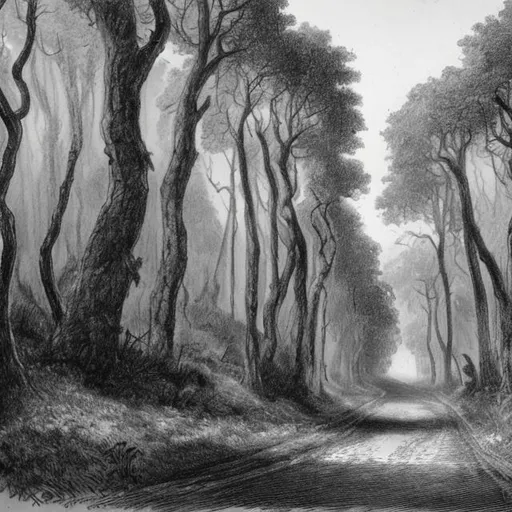Prompt: drawing of distant carriages through a forest road