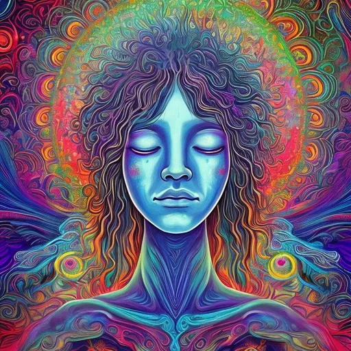 Prompt: Create an artwork that captures the essence of a person undergoing a profound spiritual awakening facilitated by the use of psychedelics. The central figure should be depicted in a state of deep introspection, with their eyes closed and a serene expression. Surround this person with a swirling, psychedelic aura that suggests an altered state of consciousness.

In the background, visualize a radiant being of light with a distinctly feminine figure. This being should emanate a gentle and welcoming presence, with an otherworldly glow. The being is poised to guide the awakened person through the secrets of the cosmos.

Use vibrant and surreal colors to represent the psychedelic experience, with intricate patterns and fractals merging with the person's aura. The overall scene should convey a sense of wonder, awe, and spiritual transcendence.