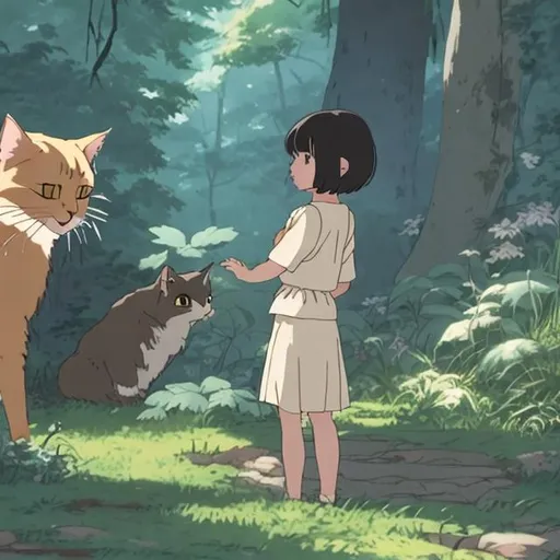 Prompt: Studio ghibli short haired girl with bangs petting a cat in a forest