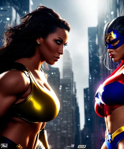 Prompt: ultra realistic detailed image of two curvy, muscular superheroines, facing each other in a dark alley, night time, highly detailed, digital painting, Trending on artstation, HD quality
