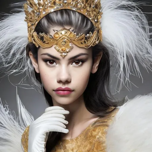 Prompt: selena gomex, skinny, anorexic, thin face, princess, gold fur crown, white gown, white gloves