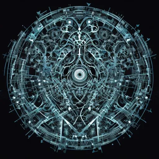 Prompt: 
Please draw a fractal, cybernetic, broken machine demon in a central circular design. Background should be dark black with a slight texture.
Similar examples would be the album covers from the Never Say Die Dubstep label.