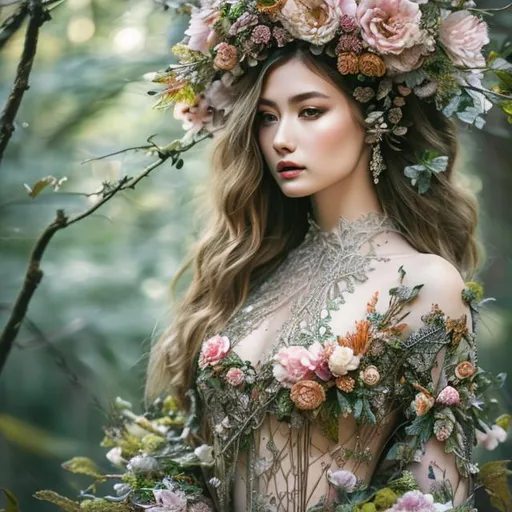 Prompt:  Queen of the forest and the body dressed by petals, intricate detailed, 8k resolution masterpiece, sharp focus detailed, sf, omnilight, realistic look 