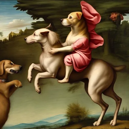 Prompt: renaissance painting of a dog riding a horse
