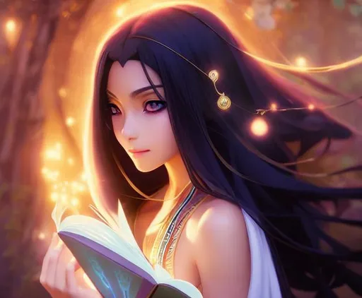 Prompt: Egyptian witch reading a book, smooth soft skin, big dreamy eyes, beautiful intricate colored hair, symmetrical, anime wide eyes, soft lighting, detailed face, by makoto shinkai, stanley artgerm lau, wlop, rossdraws, concept art, digital painting, looking into camera