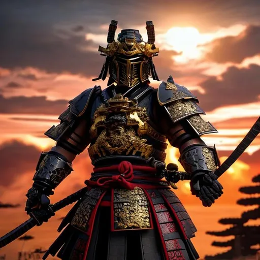 Prompt: Samurai with black armour and dragon-themed helmet, golden katana looking at the sunset on a battlefield ultra-realistic