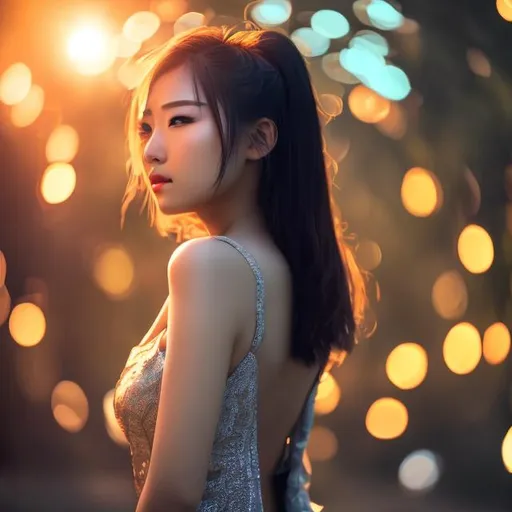 Prompt: Realistic picture of asian women backlit blue light dark theme 4k