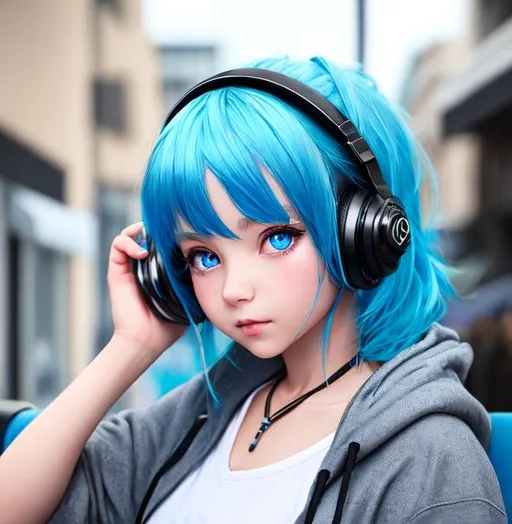 Prompt: Blue haired anthropormphic small girl, drinking alcohol, wearing heaphones, blue eyes, looking at the camera, black hoodie,  hyperrealism, beautiful photography, highly detailed, hd, 4k, 8k