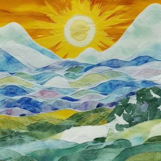 Prompt: A snowy mountain and happy sun and a bright blue sky and green fields and a small calico cat somewhere in the image. Created to look like a water-color painting.