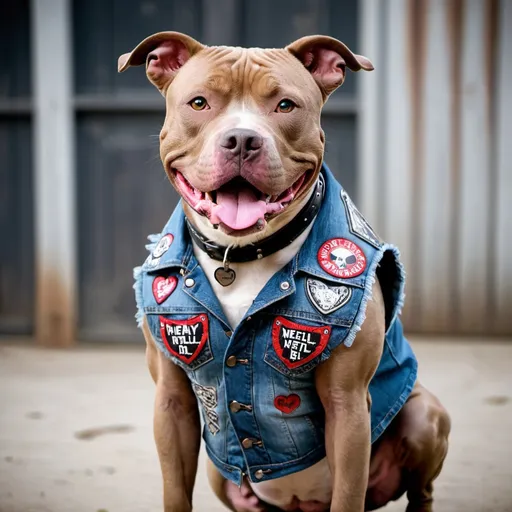 Prompt: Pit Bull Terrier wearing a heavy metal music denim vest with patches