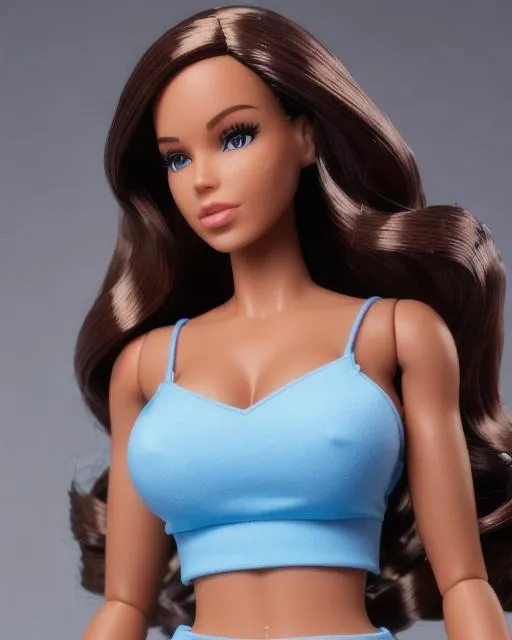 Prompt: upper body, walking pose, slow motion, close up, anatomical cinematic photo of a beautiful barbie doll, mix of liv tyler and kerry washington, wavy hair, segmented model, mattel barbie aesthetic, made of plastic, segmented doll, wearing stylish clothes, loose athletic pants, designer clothes, sheer cotton, steel accent, push up blouse, ultra detailed, light particle, detailed plastic skin, studio lighting 