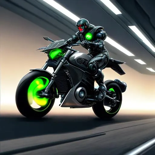 Prompt: Futuristic robot, agile, dangerous, neon, realistic, exposed mechanics, strong, full body picture, riding motorcycle, in action, unreal engine