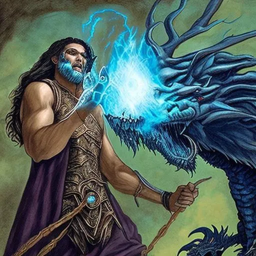 Prompt: Male Wizard casting a spell with Magic around him, Mounted on an Undead Dragon wreathed in Blue and Black Magic
