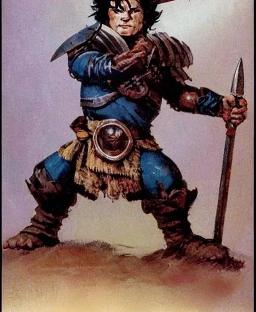 Prompt: Frank frazetta style of a male halfling oathbreaker Paladin with black hair, blue eyes, facial scar, wearing a black kilt and dark copper armor, holding a shortsword and wooden shield