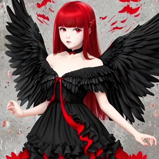 Prompt: girl with black seraphim wings red dress