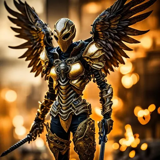 Prompt: Gold assassin winged angel with flaming sword. 4k
. Full body. Imperfect, Gritty, Todd McFarlane style futuristic army-trained. Bloody. Hurt. Damaged. Accurate. realistic. evil eyes. Slow exposure. Detailed. Dirty. Dark and gritty. Post-apocalyptic Neo Tokyo .Futuristic. Shadows. Sinister. Armed. Fanatic. Intense. 