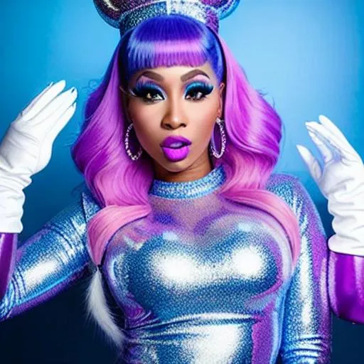 Prompt: Cardi B and Nicki Minaj with ultradetailed large shiny gloss covered blue lips, Magic Heart Earrings, Blue Sugar Xtra Large Plastic Ball Gown, Rainbow Sugar Gloves with Purple Fur, Glowing Blue eyes, Artisans Cut Gleaming Ice Cream Jello hat. Pristine Blue hair, happy facial expression, Full eyebrows with blue tint, Chained necklace, Wintry Aura, Milky Armor Plated Shoulders, Cake Covered wand, Sharp Nails, fingers covered in rings. Blue Moon. High resolution, Realistic, Cold color scheme, high radiance.