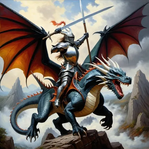 Prompt: Black Dragons and white Dragons in arial combat, Dragon riders in armor with spears while riding the dragons, fierce expressions, mythical landscapes, high fantasy, Dragon riders, Chivalric Knights, in realistic oil painting, flying through the sky in combat, majestic dragons  mythical landscapes, high fantasy, oil painting, vibrant colors, epic scale, detailed armor, stunning face, atmospheric lighting, professional, highres, fantasy, oil painting, ethereal, fierce expression, varied colors, high fantasy