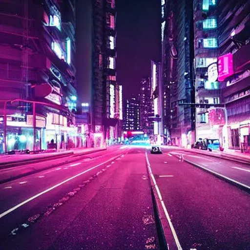 Prompt: Cyberpunk, a staight road whose end can't be seen, high building around the road whose roof can not be seen, night time, street lights, matte pink and purple, 