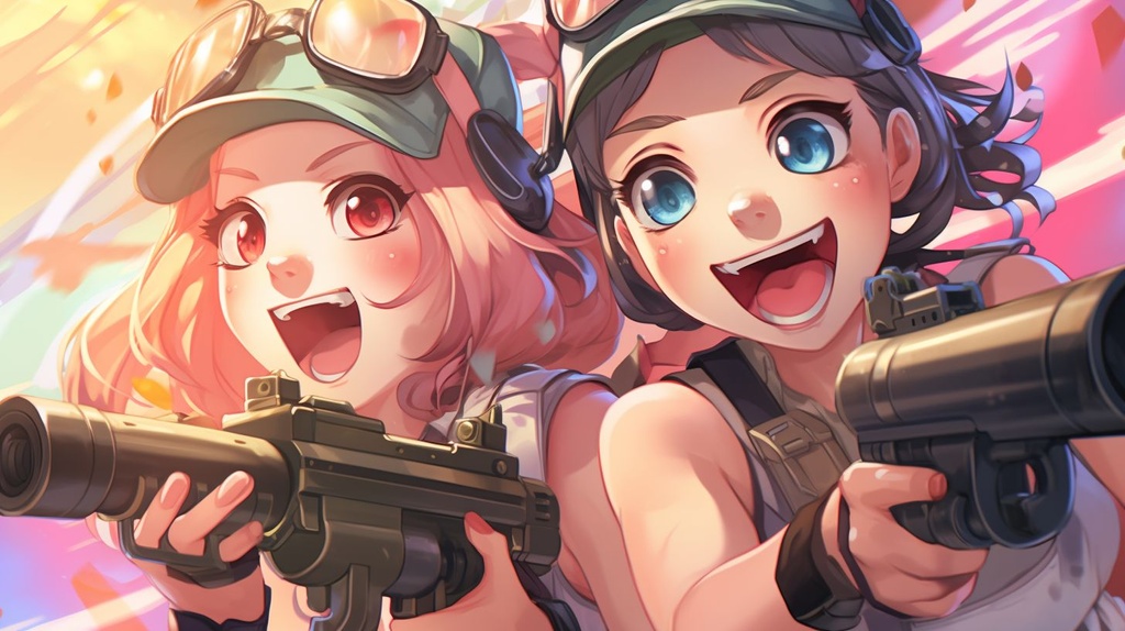 Prompt: close up of faces of two young anime girls posing in army outfit and army caps with big water guns smiling