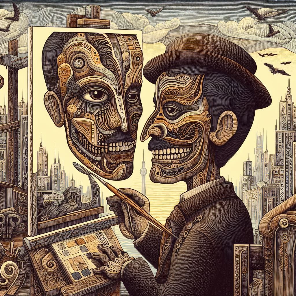 Prompt: illustration of an artist showing the face of a man, in the style of surreal city scenes, mesoamerican influences, tooth wu, petros afshar, disfigured forms, illustration, toyen