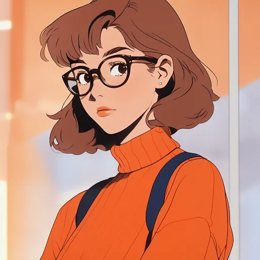 Prompt: 90's anime, cel shaded. A young woman with short brown hair, freckles and glasses. She wears an orange turtleneck and red pleated skirt