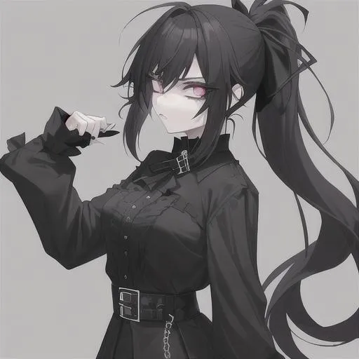 digital style painting, emo anime girl, black long m