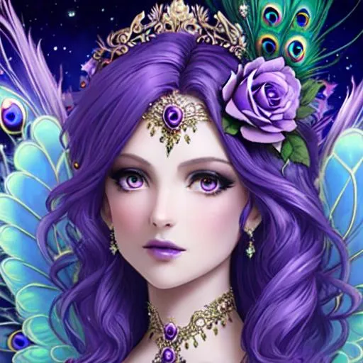 peacock fairy goddess, purple roses, facial closeup | OpenArt