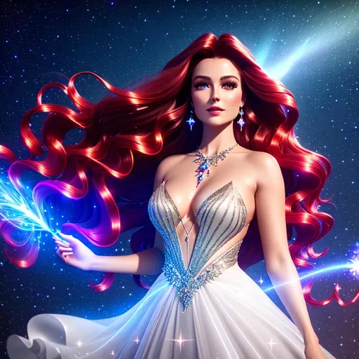 Prompt: Beautiful ethereal goddess, magic, ((wearing silver diamantine dress)) ((bright dark red wavy hair)), glowing, trails of light, wisps, slight sparkles, outer space, unreal engine 8k octane, 3d lightning, stellar, quartz, gem rain, soft white skin, luminous chest, fantasy