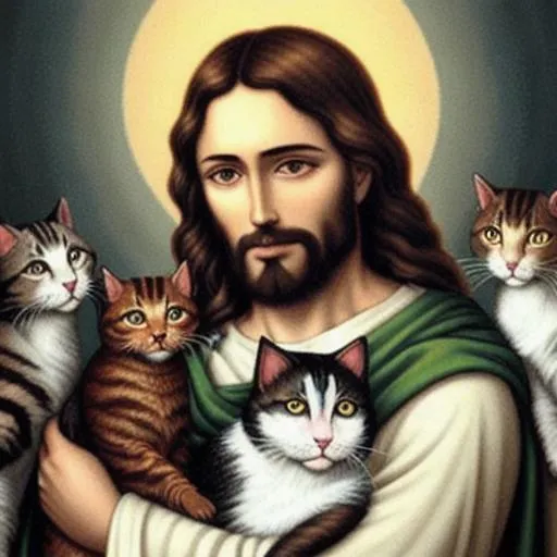 Prompt: Jesus with cats