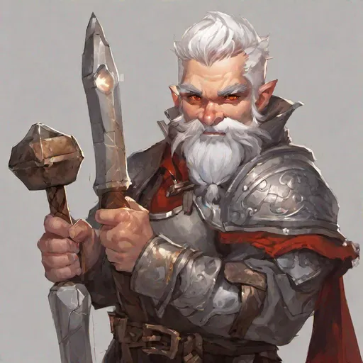 Prompt: Young male dwarf, fire red eyes, short beard, white hair, smith, cleric, confident, soft smile, kind, side shave, hammer, scepter, metal working, black smithing, hammer scepter, sparks