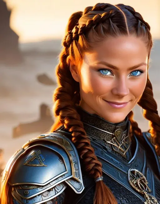 Prompt: highest quality stylized viking woman masterpiece, 45 year old woman, red hair, cornrow braids, blue eyes, black gear, black armor, award-winning 3d oil painting art, perfect anatomy in perfect composition, long shot, hyper-realistic photography, intricate, 64k, UHD, HDR, (intricate eyes), extraordinary lips, smile, gorgeous eyelashes, highly detailed face, hyper-realistic facial features, cinematic 3d volumetric, dramatic lighting with backlit backlight, by Julia Razumova