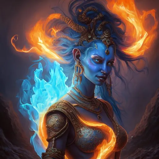 Prompt: oil painting, hd quality, UHD, hd , 8k, hyper realism, panned out view, dark fantasy, dark fantasy atmosphere, clear face, female genie with blue skin, she is standing in the desert, she is using fire powers