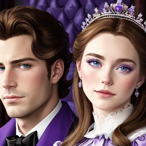 Prompt: European prince and princess wearing purple, facial closeup