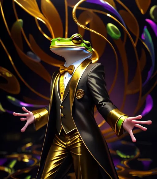 Prompt: psychedelic, twisted, cinematic, 3D, HD, {Man}Frog dressed as Magician, ({liquid}gold silver jade) kelp, expansive psychedelic background, sunset, hyper realistic, 8K --s98500